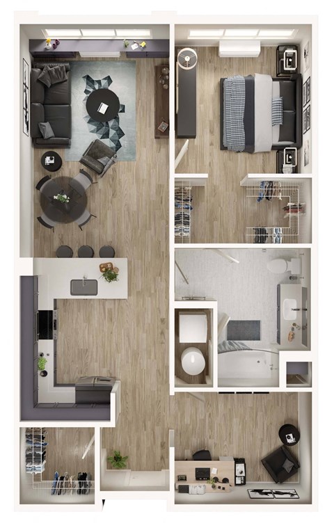 Floor plan for 1 bed, 1 bath, 929 sqft