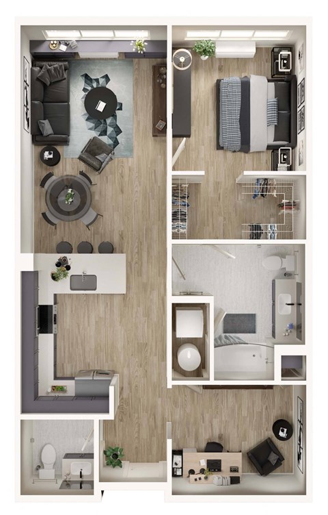 Floor plan for 1 bed, 1.5 baths, 931 sqft