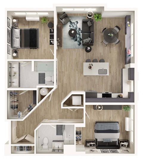 Floor plan for 2 beds, 2 baths, 1169 sqft