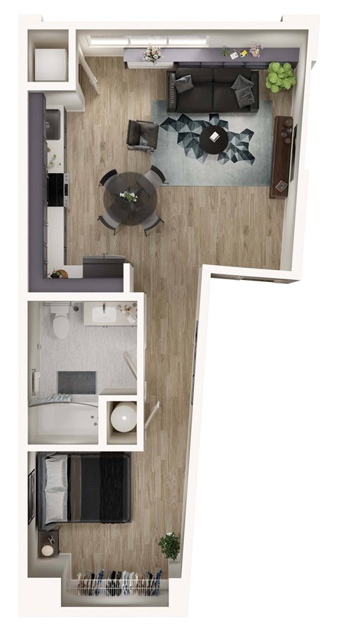 Floor plan for studio, 1 bath, 638 sqft