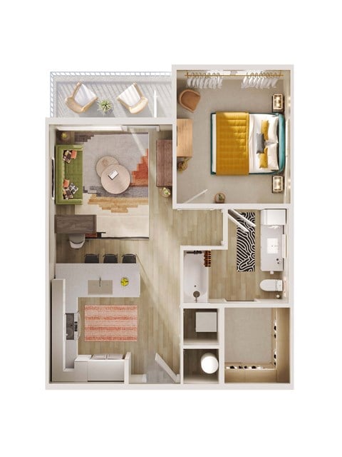 Floor plan for 1 bed, 1 bath, 674 sqft