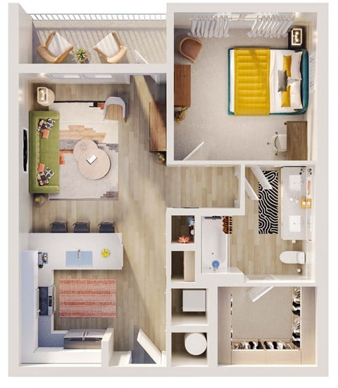 Floor plan for 1 bed, 1 bath, 721 sqft