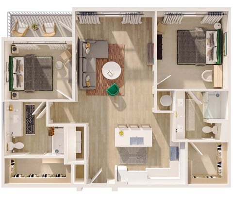 Floor plan for 2 beds, 2 baths, 1135 sqft