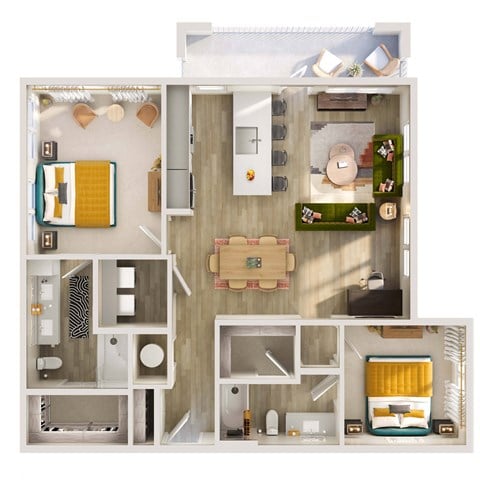 Floor plan for 2 beds, 2 baths, 1222 sqft