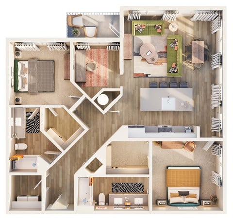Floor plan for 2 beds, 2 baths, 1350 sqft