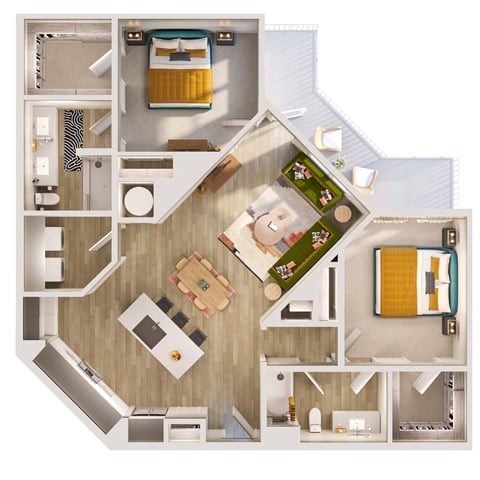 Floor plan for 2 beds, 2 baths, 1301 sqft