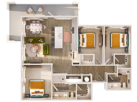 Floor plan for 3 beds, 2 baths, 1373 sqft