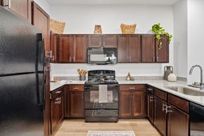 Schertz apartment for rent - Modern apartment kitchen at Aviator 1518 with black appliances and dark wood cabinetry.
