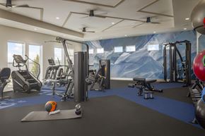 Sherman apartment for rent - A gym with a variety of equipment including a treadmill, weights, and a bench press.