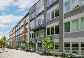 Jersey City apartment for rent - A modern building with the name SAWER on the front.