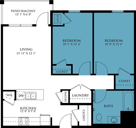 Floor plan for 2 beds, 1 bath, 882 sqft
