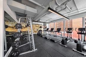 Cleveland apartment for rent - A gym with treadmills, weights, and a ladder.