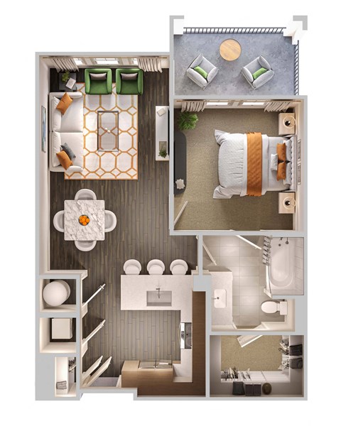 Floor plan for 1 bed, 1 bath, 747 sqft