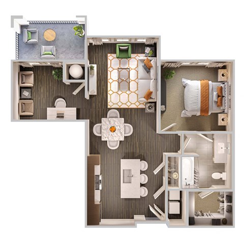 Floor plan for 1 bed, 1 bath, 875 sqft