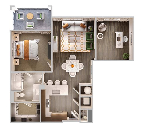 Floor plan for 1 bed, 1 bath, 912 sqft