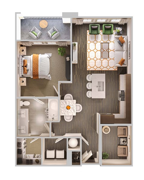 Floor plan for 1 bed, 1 bath, 917 sqft