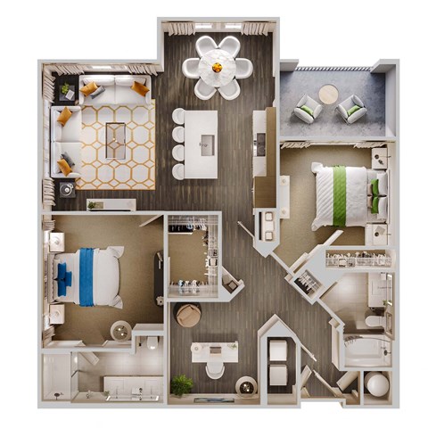 Floor plan for 2 beds, 2 baths, 1300 sqft