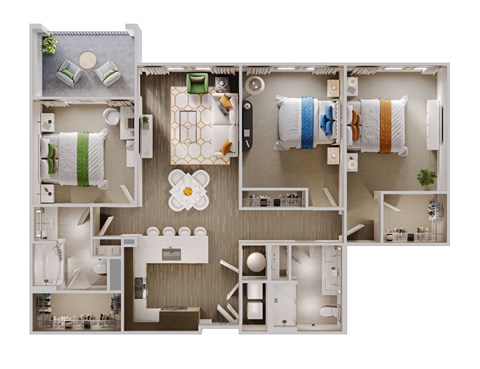 Floor plan for 3 beds, 2 baths, 1405 sqft