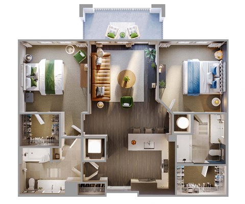Floor plan for 2 beds, 2 baths, 1042 sqft