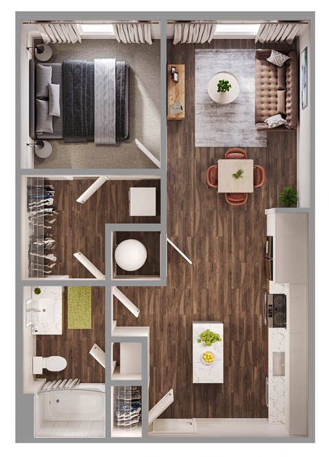 Floor plan for 1 bed, 1 bath, 714 sqft