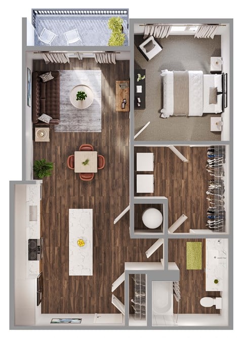 Floor plan for 1 bed, 1 bath, 716 sqft