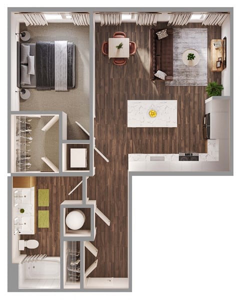Floor plan for 1 bed, 1 bath, 751 sqft