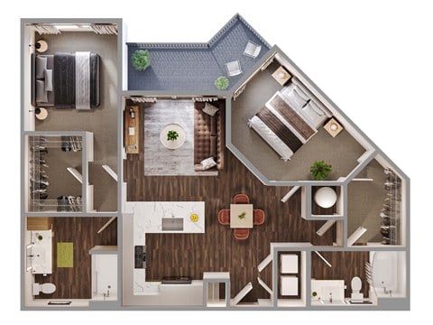 Floor plan for 2 beds, 2 baths, 1033 sqft