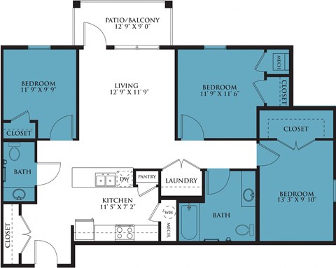 Floor plan for 3 beds, 1.5 baths, 1080 sqft
