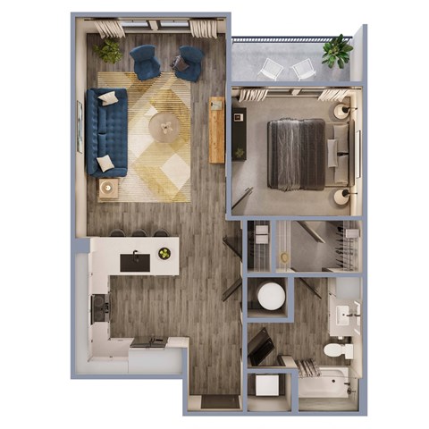 Floor plan for 1 bed, 1 bath, 697 sqft