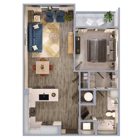 Floor plan for 1 bed, 1 bath, 740 sqft