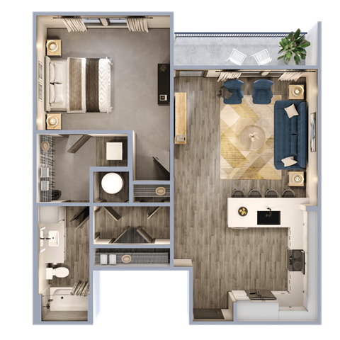 Floor plan for 1 bed, 1 bath, 857 sqft