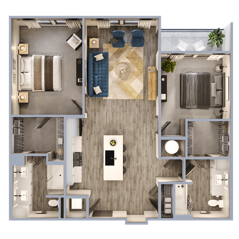 Floor plan for 2 beds, 2 baths, 1131 sqft