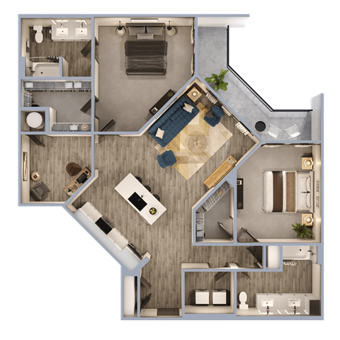 Floor plan for 2 beds, 2 baths, 1391 sqft