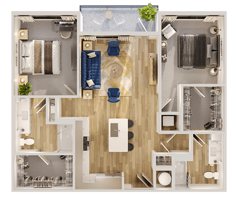 Floor plan for 2 beds, 2 baths, 1100 sqft