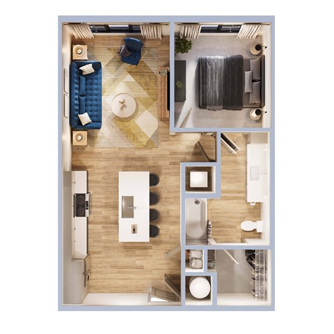 Floor plan for 1 bed, 1 bath, 713 sqft
