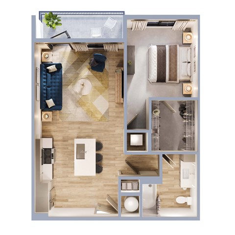 Floor plan for 1 bed, 1 bath, 748 sqft