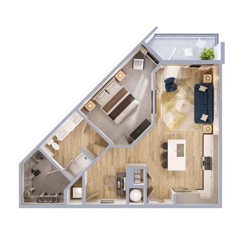 Floor plan for 1 bed, 1 bath, 845 sqft