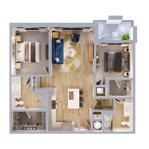 Floor plan for 2 beds, 2 baths, 1097 sqft
