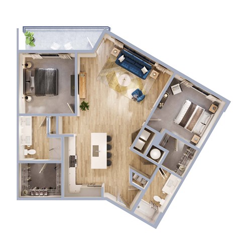 Floor plan for 2 beds, 2 baths, 1259 sqft