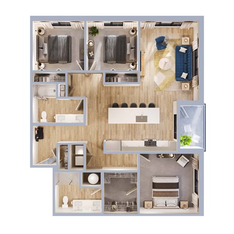 Floor plan for 3 beds, 2 baths, 1377 sqft
