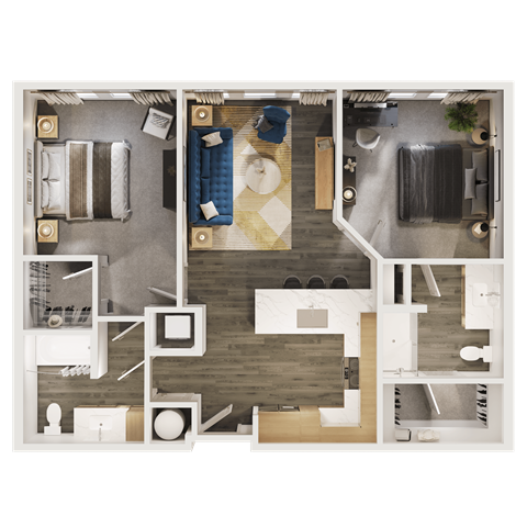Floor plan for 2 beds, 2 baths, 1049 sqft