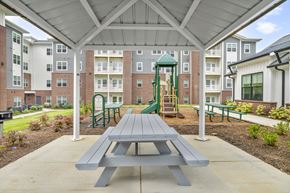 Charlotte apartment for rent - an outdoor play area with a picnic table and playground equipment at an apartment complex