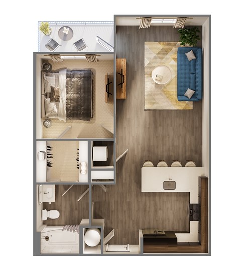 Floor plan for 1 bed, 1 bath, 703 sqft