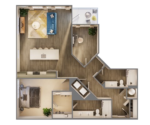 Floor plan for 1 bed, 2 baths, 1107 sqft