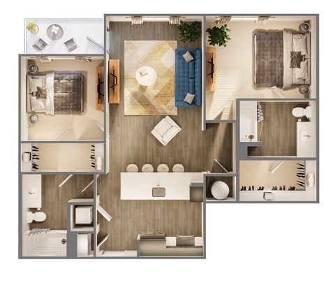 Floor plan for 2 beds, 2 baths, 966 sqft