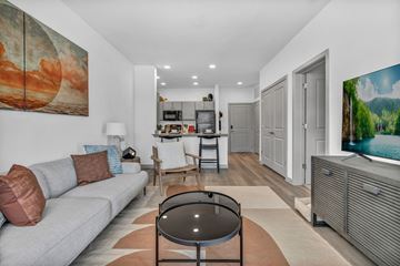 Austin apartment for rent - A living room with a grey couch and a coffee table.