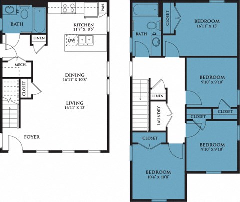 Floor plan for 4 beds, 2 baths, 1286 sqft