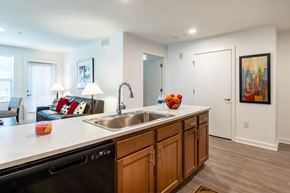 Evansville apartment for rent - Open kitchen with wood cabinetry, peninsula sink, and black appliances, overlooking a connected living area with seating and natural light.