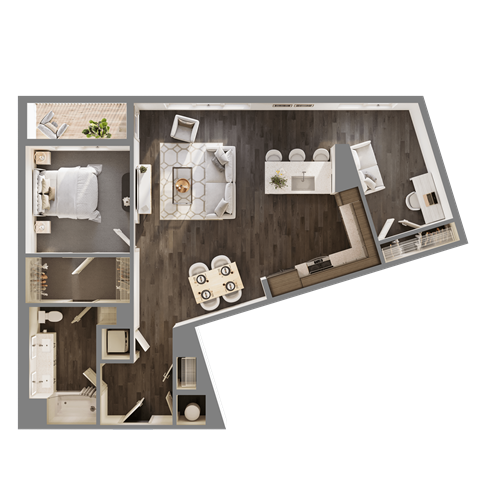 Floor plan for 1 bed, 1 bath, 1071 sqft