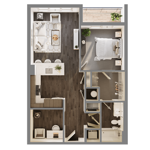 Floor plan for 1 bed, 1 bath, 768 sqft